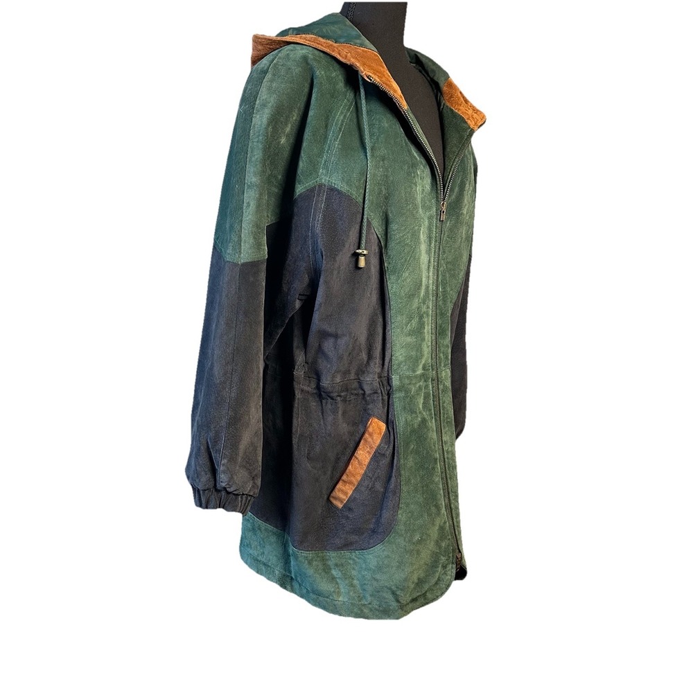 Vtg Preston & York Suede Leather Jacket LG Hooded Colorblock Drawstring Waist - Picture 4 of 16